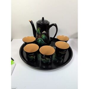 Vintage Black Laquerware Serving Set  Large Tray Tea Pot 5 Cups Pagoda‎ Scene